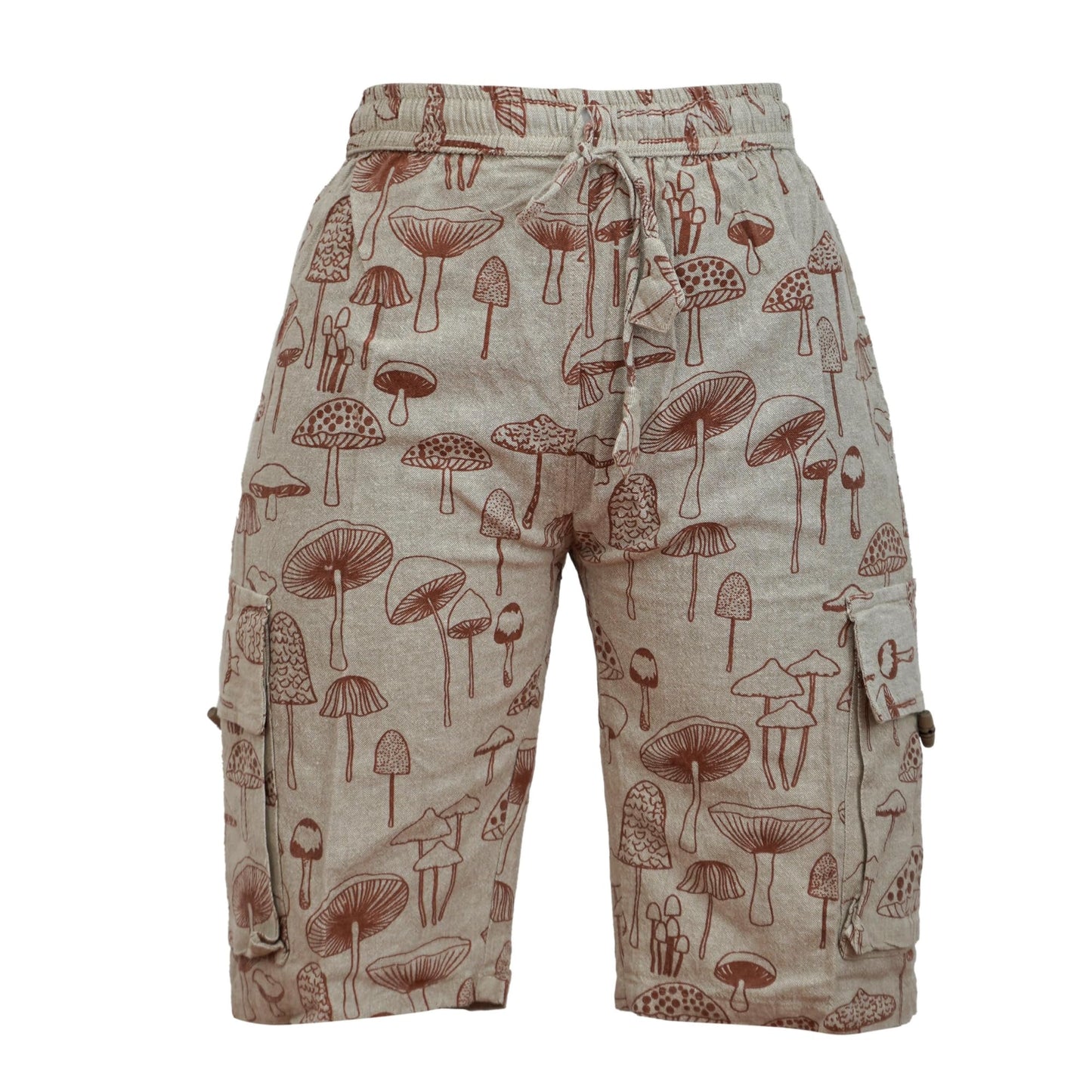 Mens Sun Moon and Mushroom Print Hippie Festival Shorts with Cargo Pockets