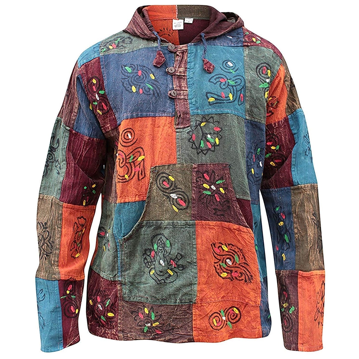 MENS PATCHWORK LONG SLEEVES HODDED HIPPIE GRANDARD SHIRTS