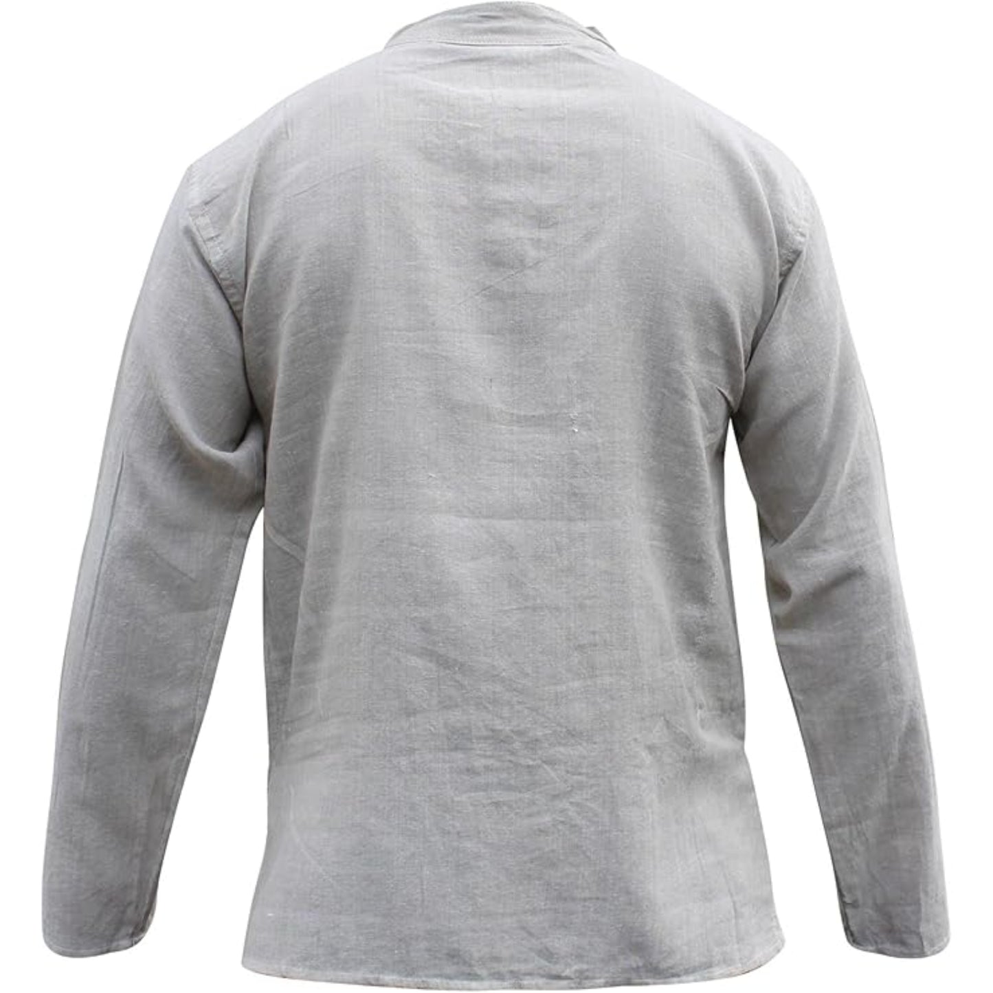 Mens Plain Hemp Band Collar Hippy Summer Light Tops Full Sleeve Grandad Shirt