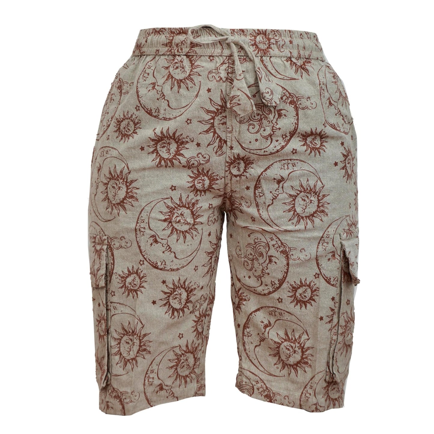 Mens Sun Moon and Mushroom Print Hippie Festival Shorts with Cargo Pockets