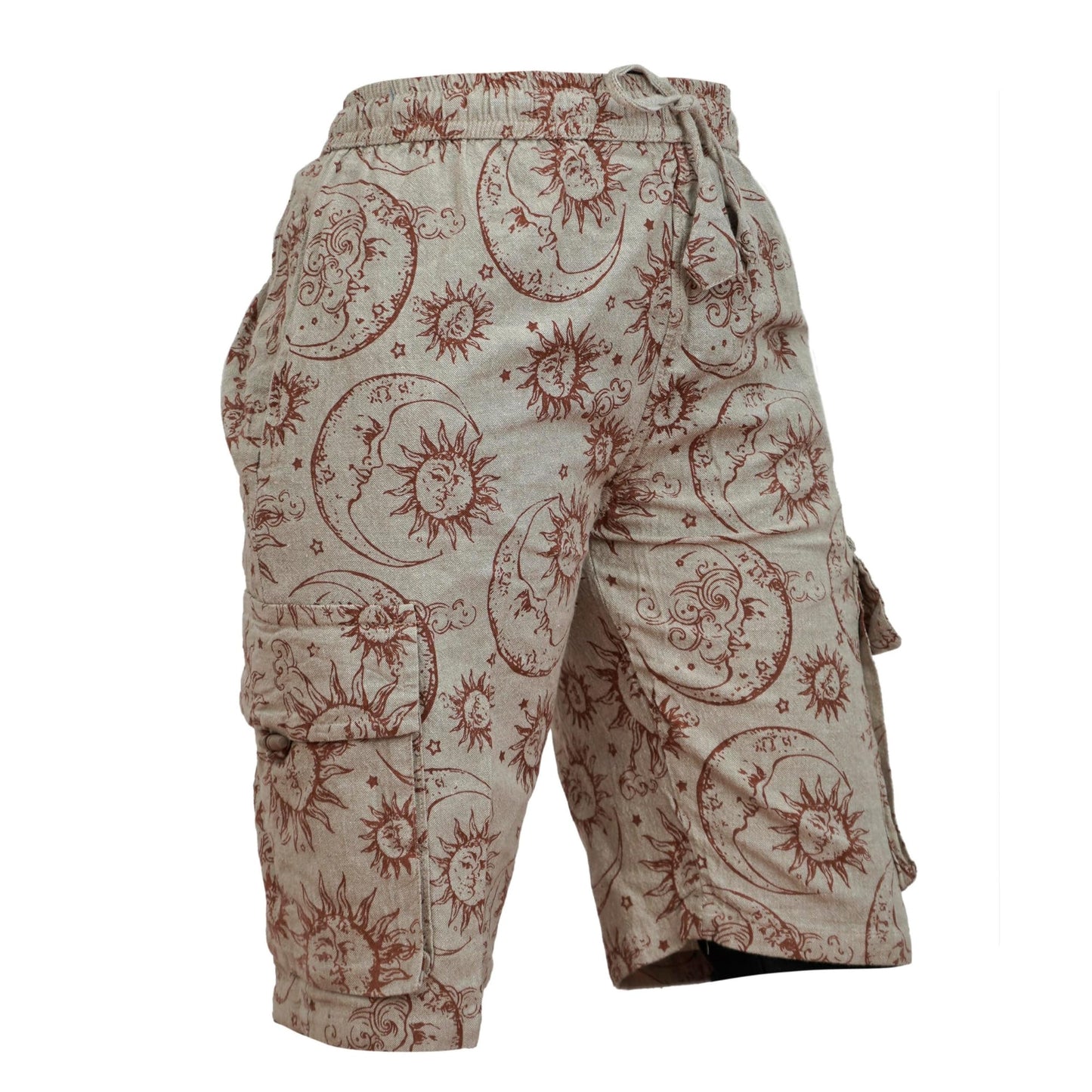 Mens Sun Moon and Mushroom Print Hippie Festival Shorts with Cargo Pockets
