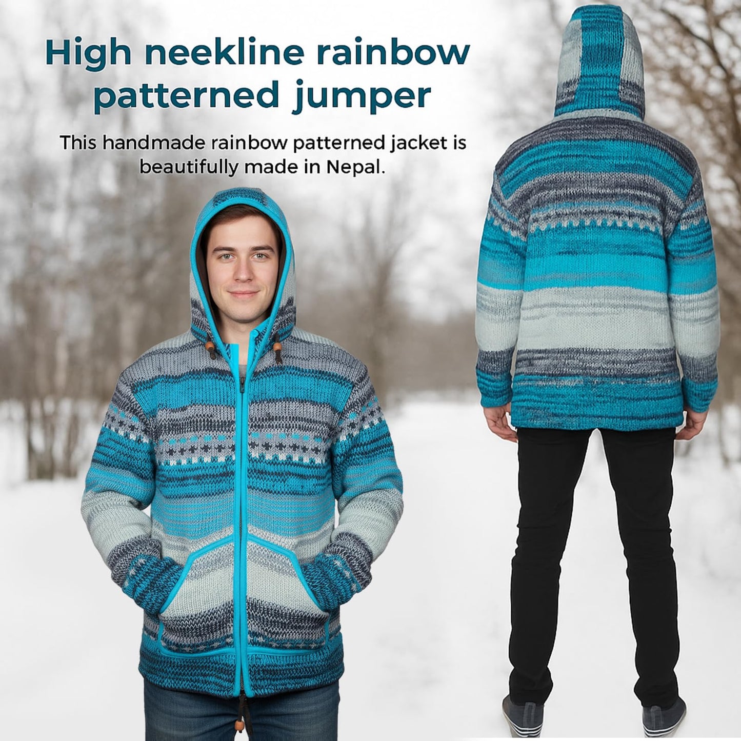 Mens Rainbow Tie Dye High Neck Woollen Winter Jacket