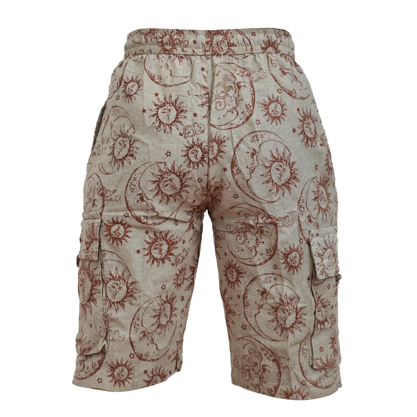 Mens Sun Moon and Mushroom Print Hippie Festival Shorts with Cargo Pockets