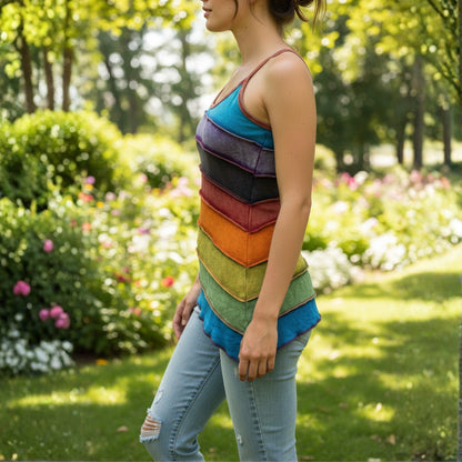 Women Cotton Boho Sleeveless Rainbow Striped Hippie Yoga Summer Tank Top