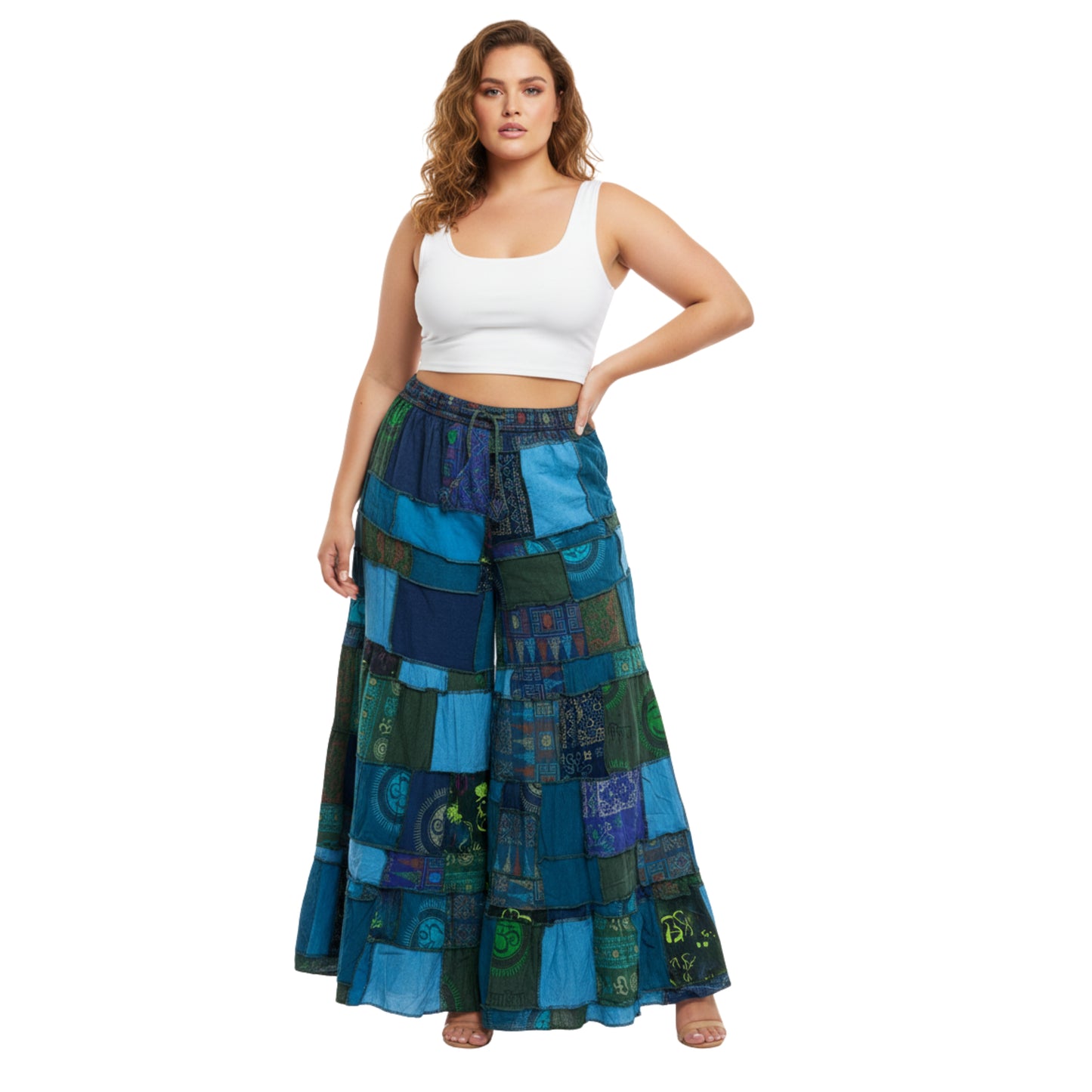 Women’s Patchwork Cotton Palazzo Pants Elastic Waist Drawstring Hippie Outfit