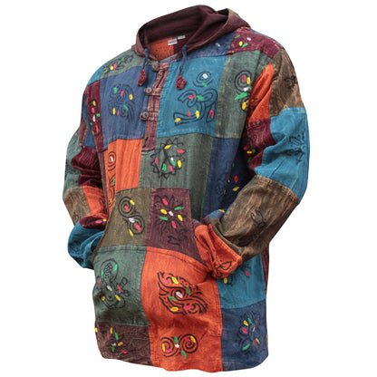 MENS PATCHWORK LONG SLEEVES HODDED HIPPIE GRANDARD SHIRTS