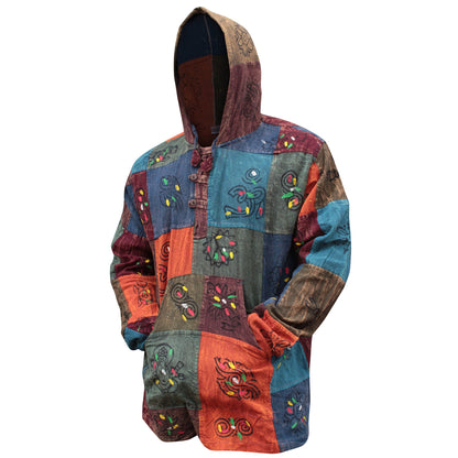 MENS PATCHWORK LONG SLEEVES HODDED HIPPIE GRANDARD SHIRTS