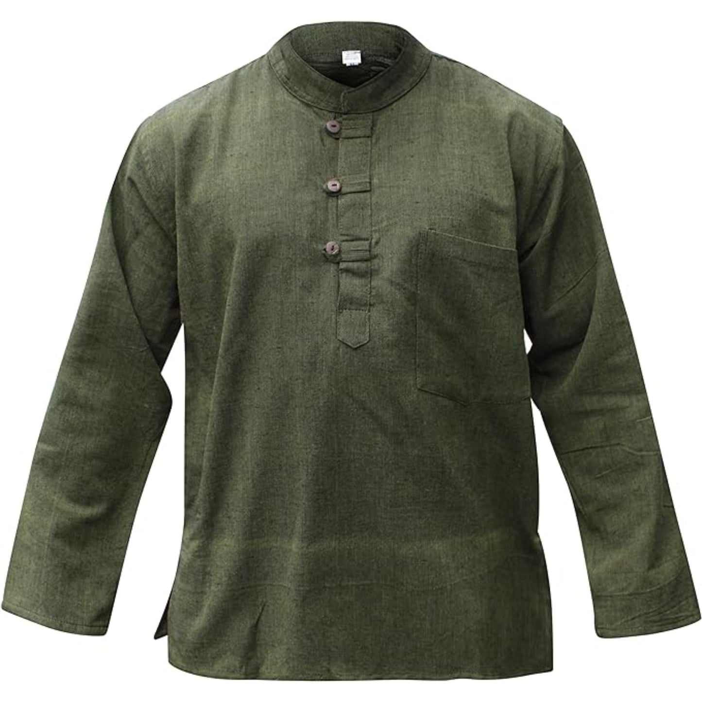 Mens Plain Hemp Band Collar Hippy Summer Light Tops Full Sleeve Grandad Shirt