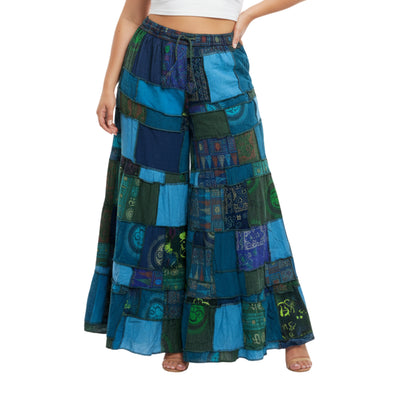 Women’s Patchwork Cotton Palazzo Pants Elastic Waist Drawstring Hippie Outfit