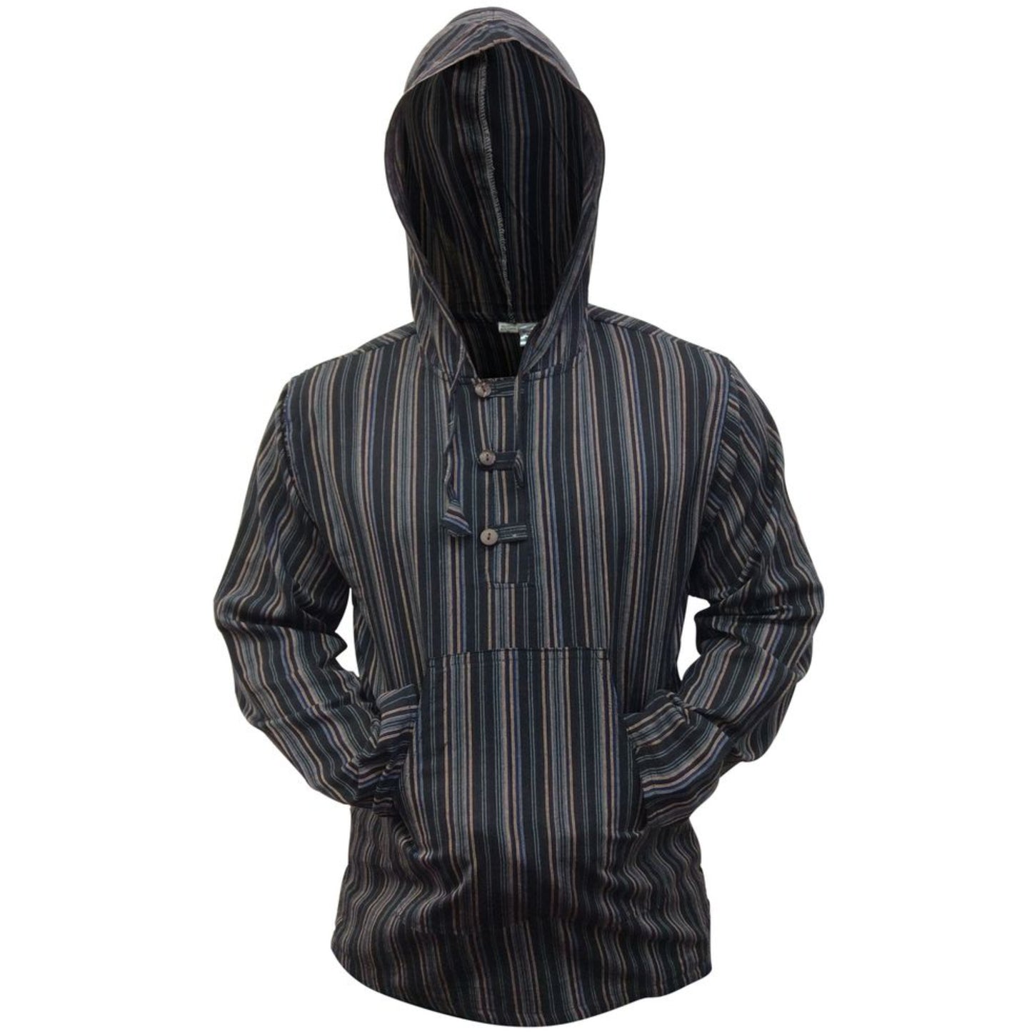 MEN LIGHTWEIGHT MULTICOLOUR DHARKE STRIPE GRANDAD HOODIE SHIRT