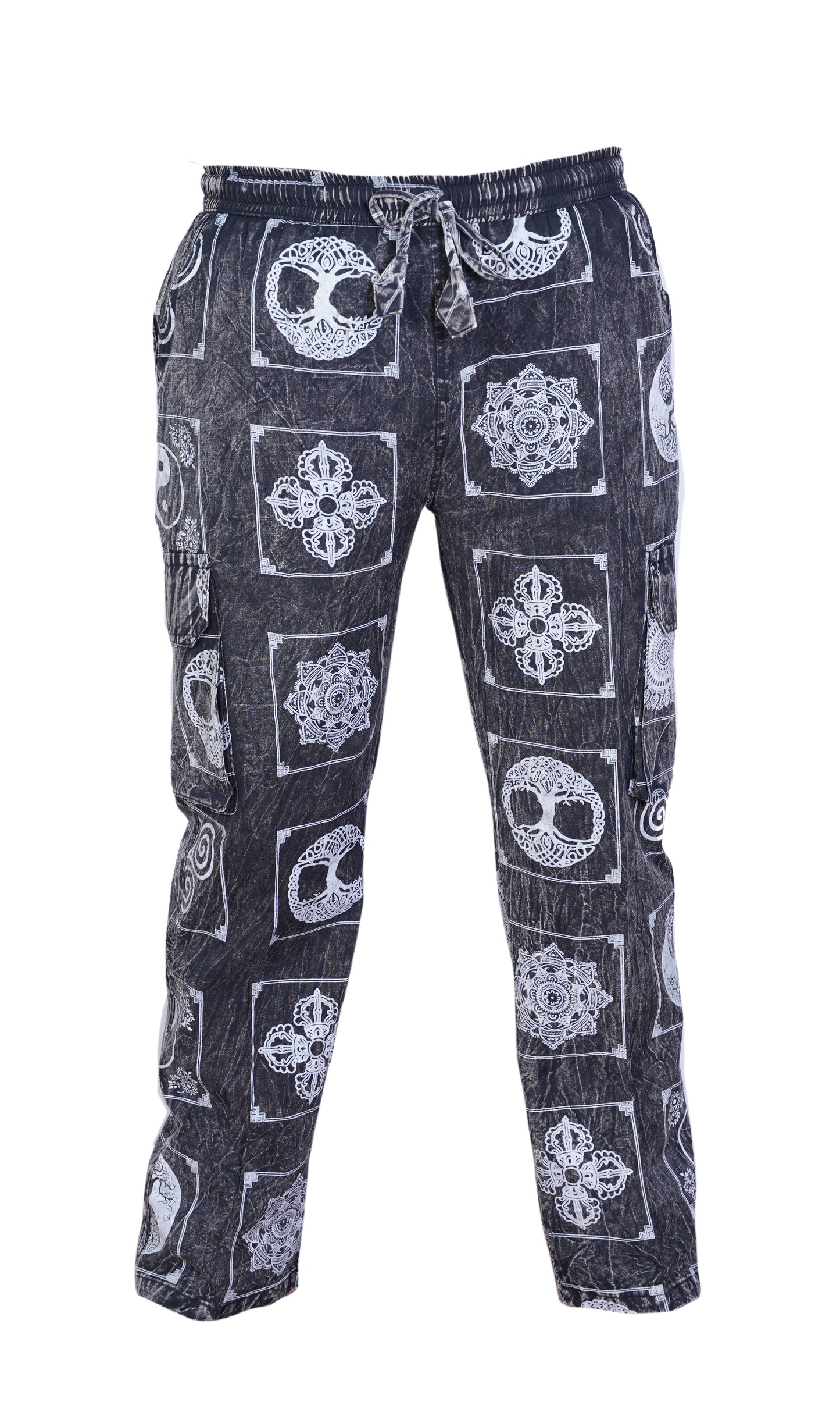 Men's Stone Washed Elastic Waist Boho Spiritual Print Festival Cotton Cargo Trousers