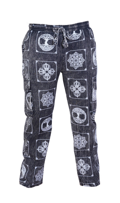 Men's Stone Washed Elastic Waist Boho Spiritual Print Festival Cotton Cargo Trousers