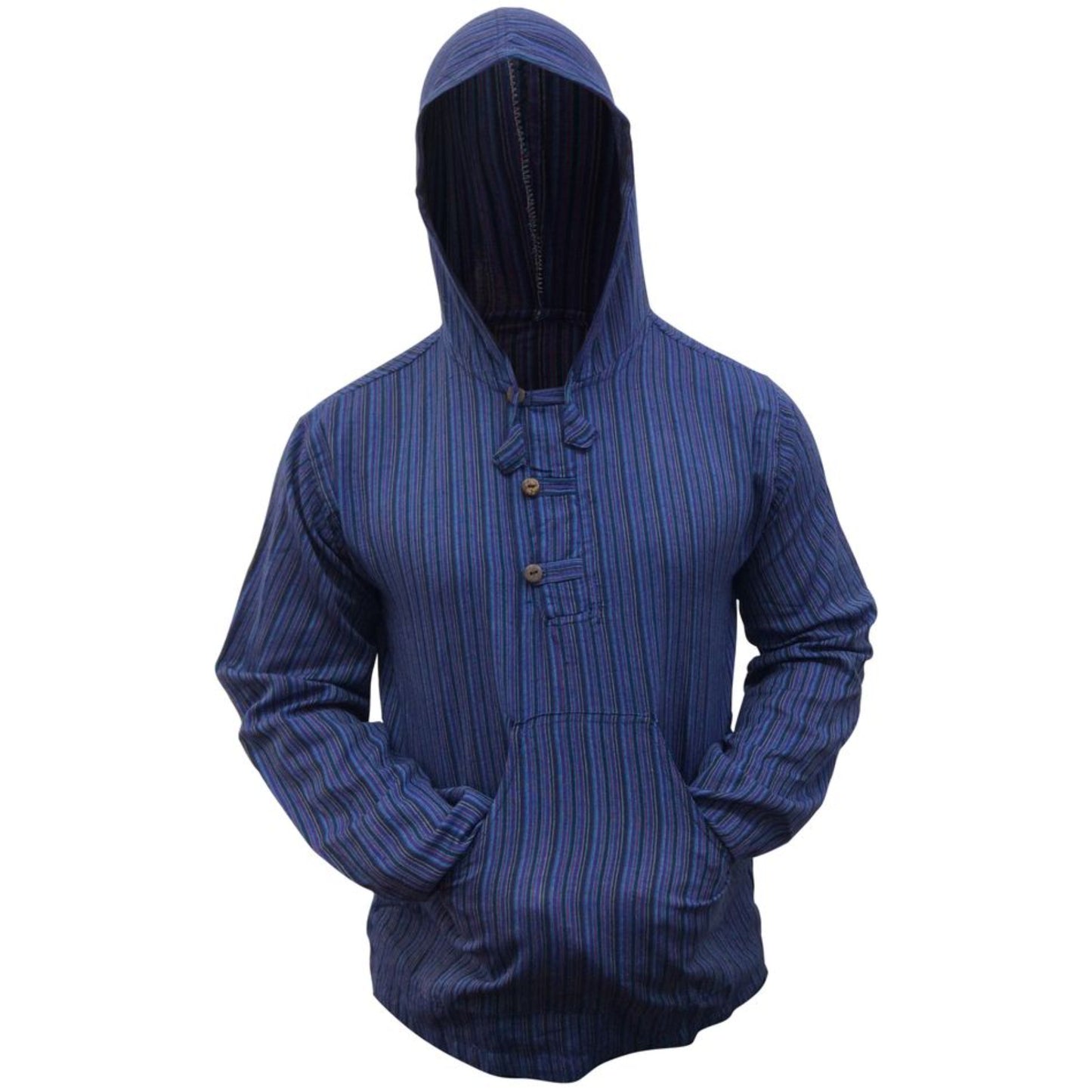 MEN LIGHTWEIGHT MULTICOLOUR DHARKE STRIPE GRANDAD HOODIE SHIRT