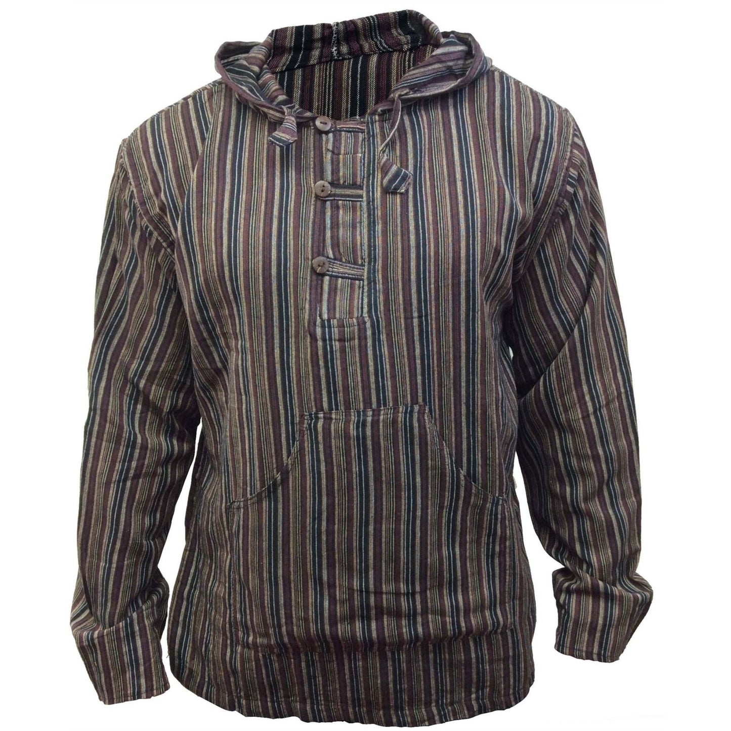 MEN LIGHTWEIGHT MULTICOLOUR DHARKE STRIPE GRANDAD HOODIE SHIRT