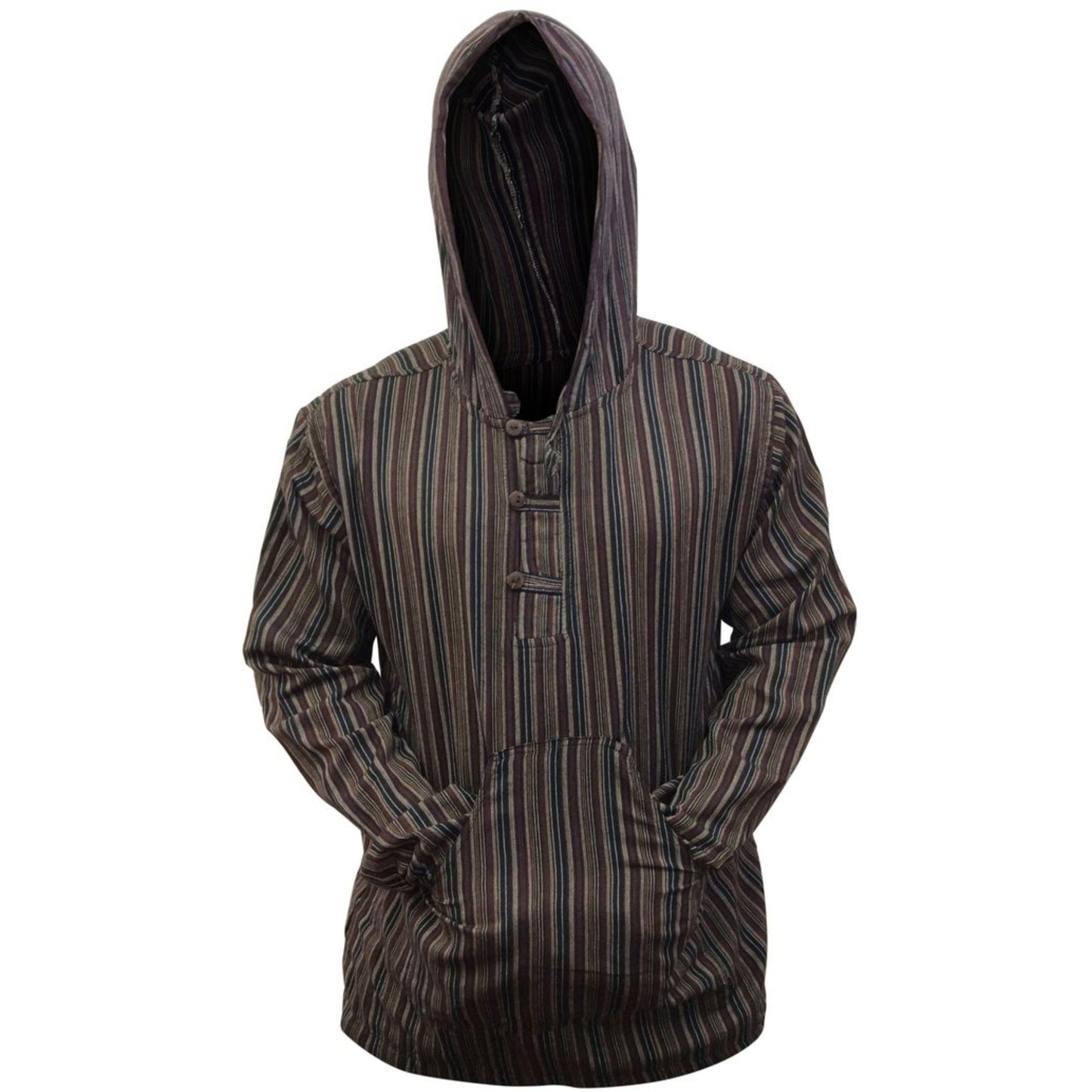 MEN LIGHTWEIGHT MULTICOLOUR DHARKE STRIPE GRANDAD HOODIE SHIRT