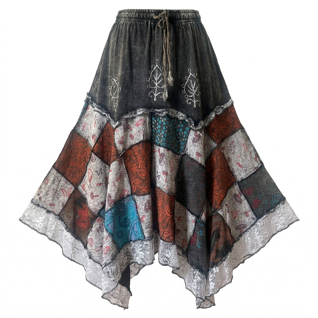 Women’s Cotton Boho Patchwork Floral Print Lace Trim Detail Hippie Maxi Skirt
