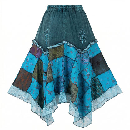Women’s Cotton Boho Patchwork Floral Print Lace Trim Detail Hippie Maxi Skirt