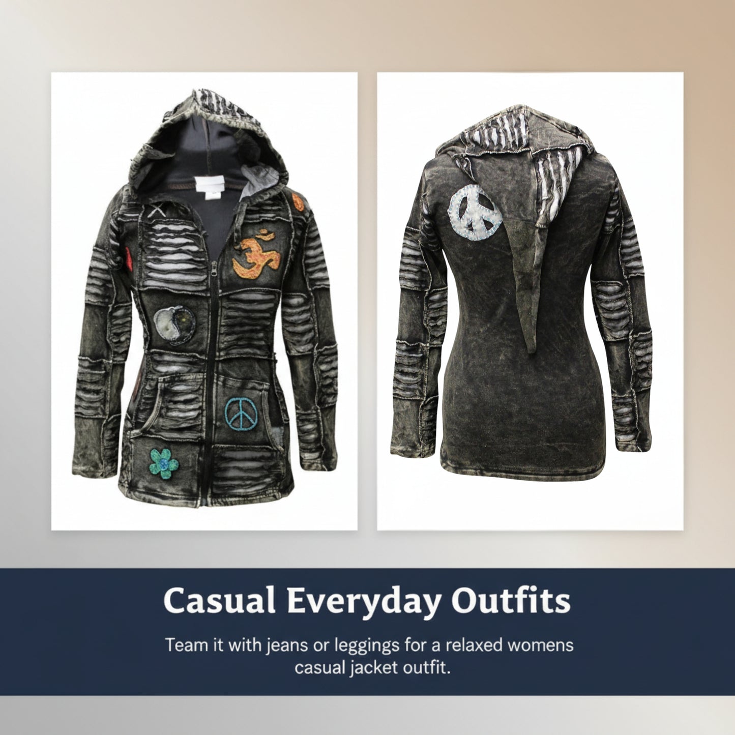 Women Om Peace Pointy Hooded Gothic Style Punk Ladies Ribs Hoodie Outer Jacket