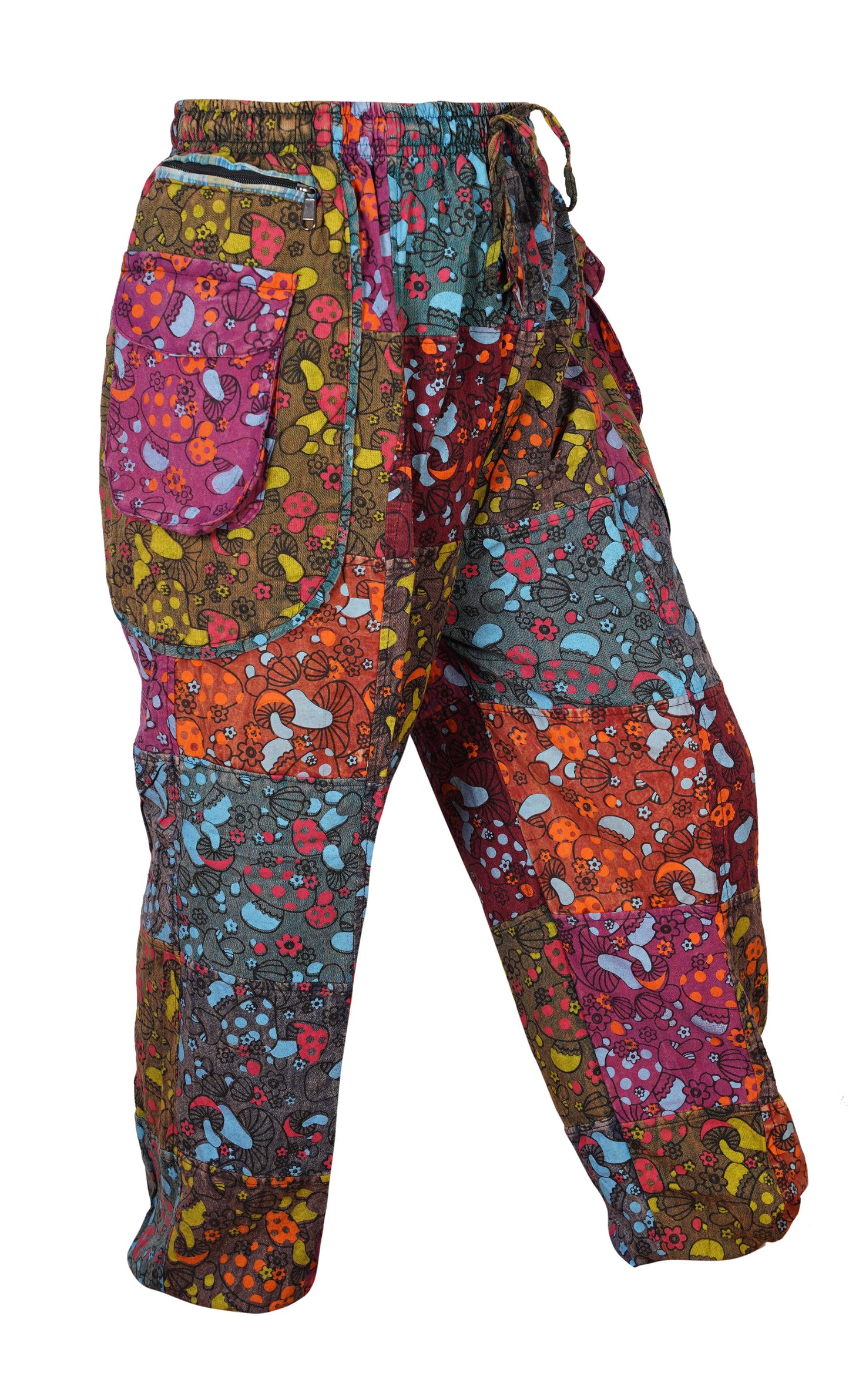 Mens Gothic Patchwork Cargo Trouser Stonewashed Bohemian Cotton Festival Hippy Pants