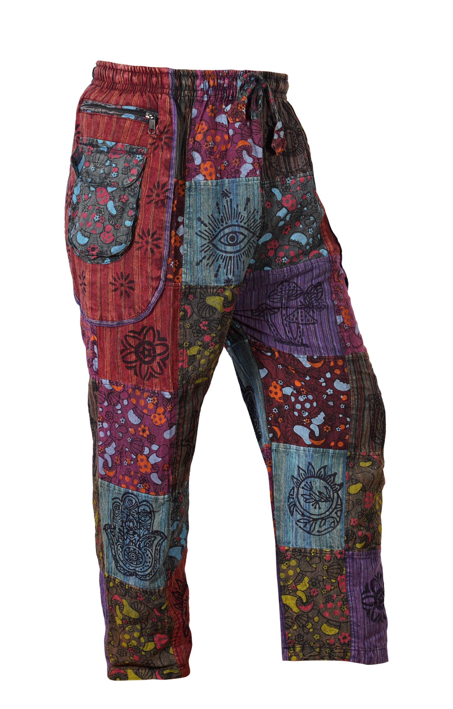 Mens Gothic Patchwork Cargo Trouser Stonewashed Bohemian Cotton Festival Hippy Pants