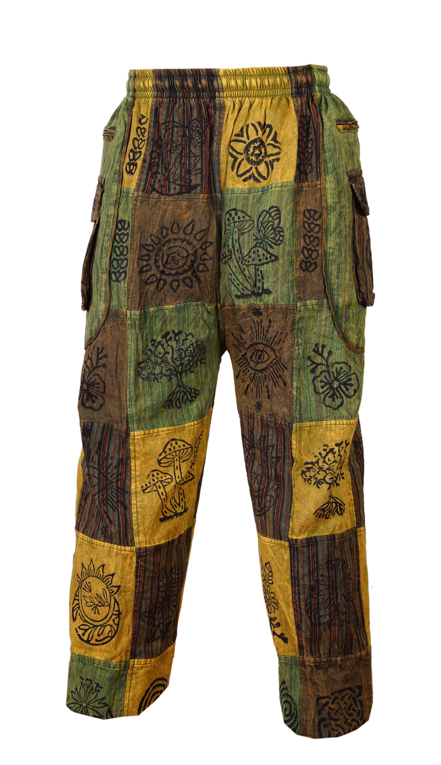 Mens Gothic Patchwork Cargo Trouser Stonewashed Bohemian Cotton Festival Hippy Pants