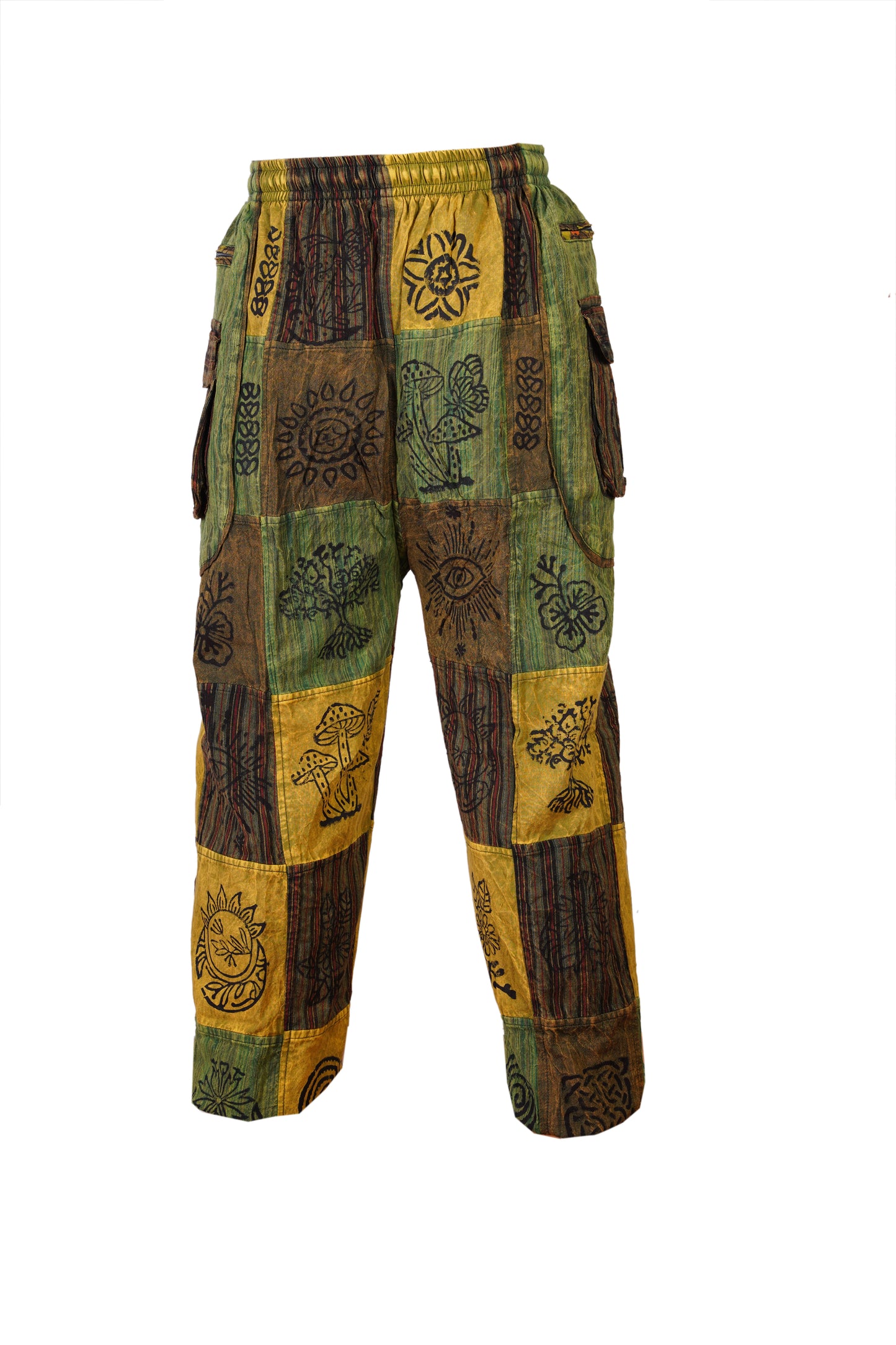 Mens Gothic Patchwork Cargo Trouser Stonewashed Bohemian Cotton Festival Hippy Pants