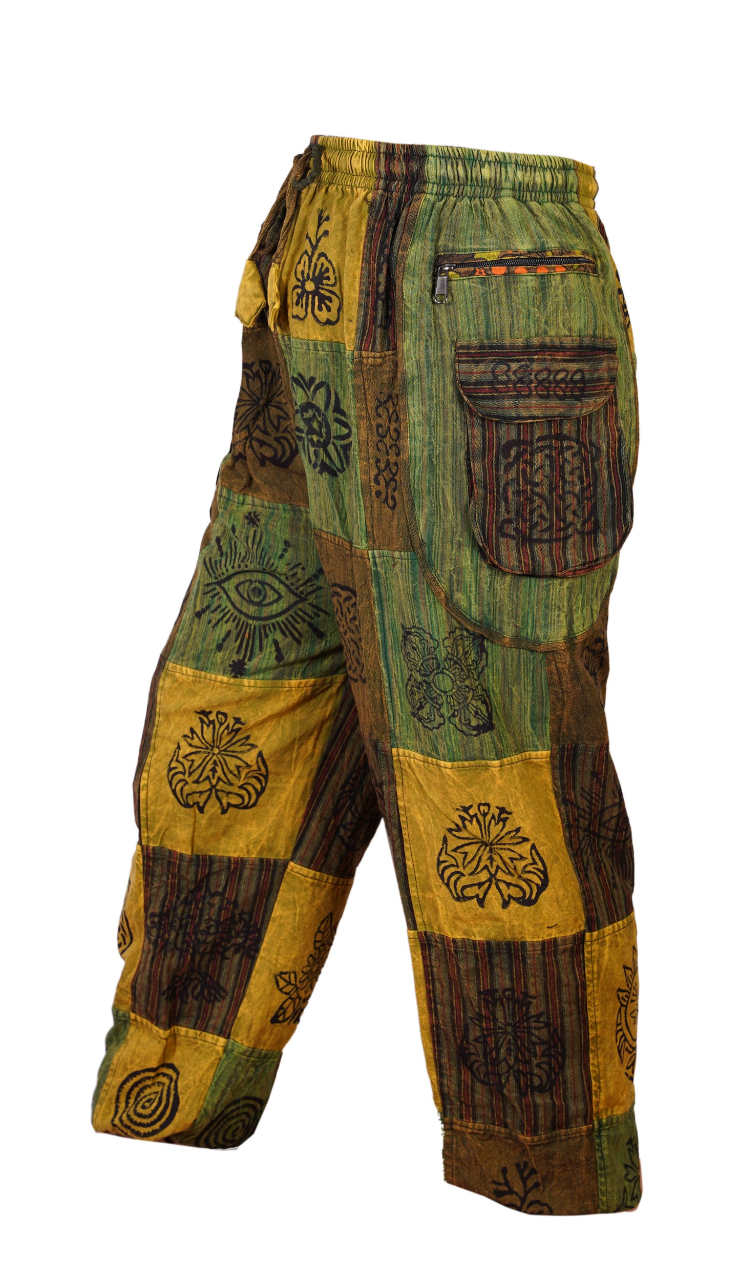 Mens Gothic Patchwork Cargo Trouser Stonewashed Bohemian Cotton Festival Hippy Pants