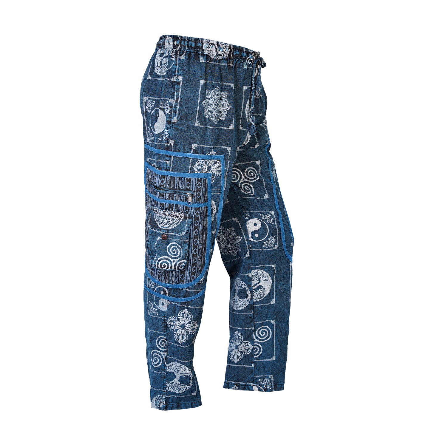 Mens Patchwork Elastic Waist Hippie Trousers Ethnic Motifs Printed Festival Cargo Pants