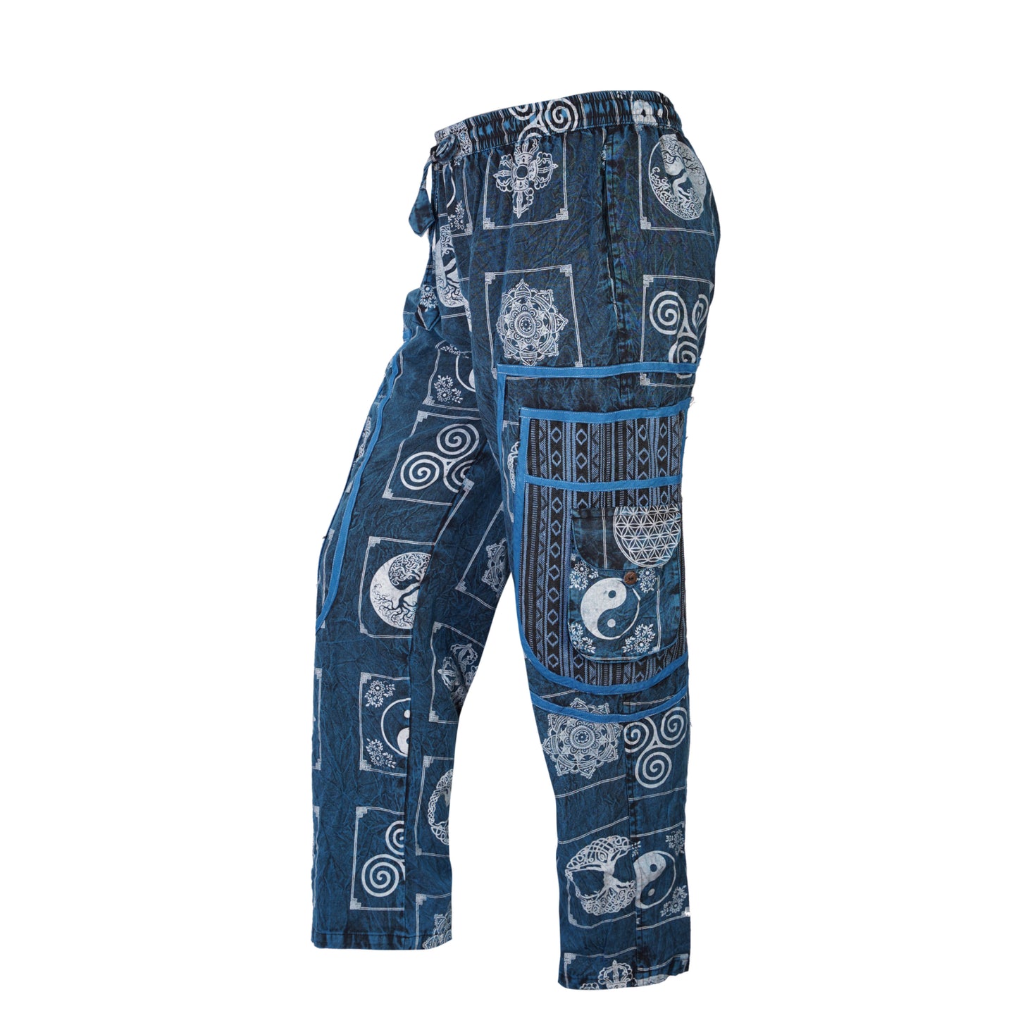 Mens Patchwork Elastic Waist Hippie Trousers Ethnic Motifs Printed Festival Cargo Pants