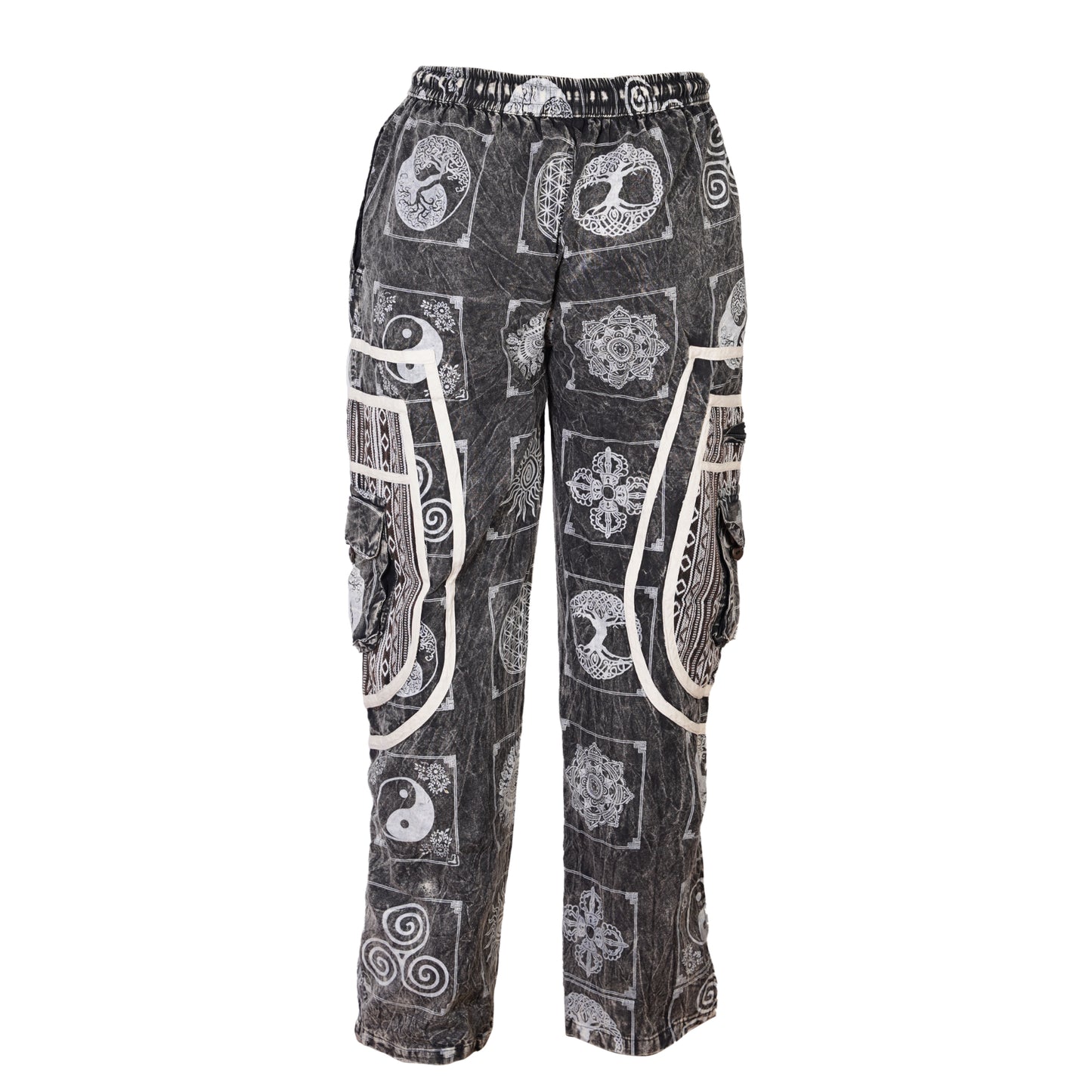 Mens Patchwork Elastic Waist Hippie Trousers Ethnic Motifs Printed Festival Cargo Pants