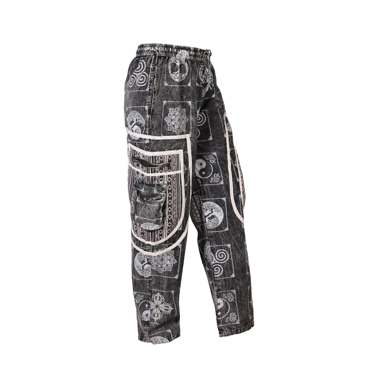Mens Patchwork Elastic Waist Hippie Trousers Ethnic Motifs Printed Festival Cargo Pants