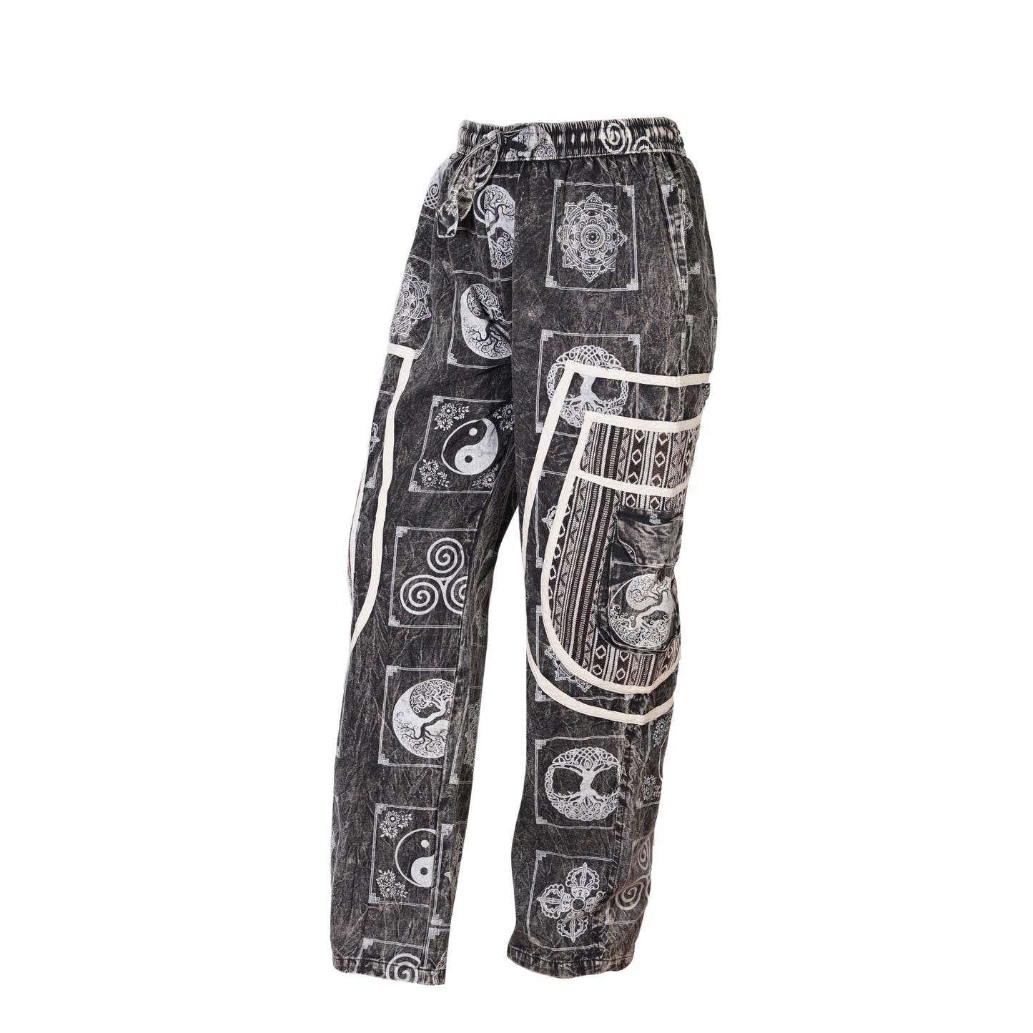 Mens Patchwork Elastic Waist Hippie Trousers Ethnic Motifs Printed Festival Cargo Pants