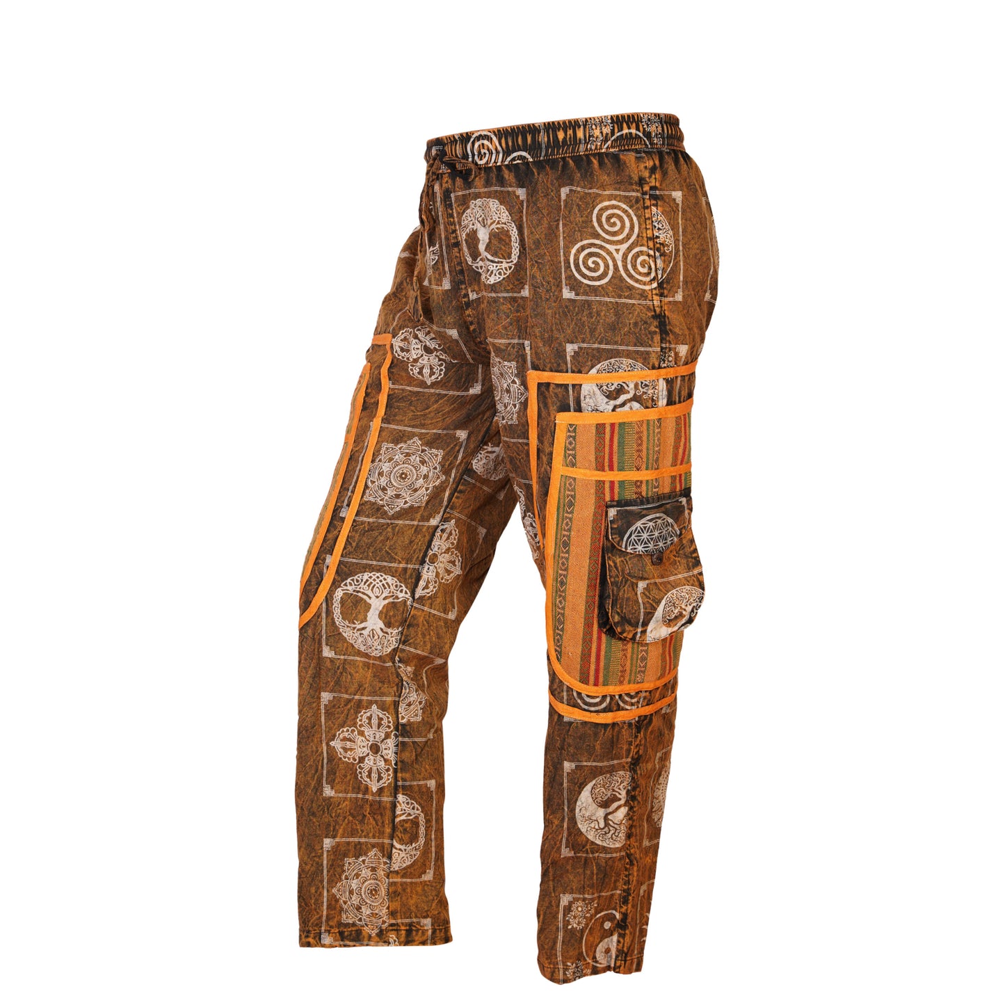 Mens Patchwork Elastic Waist Hippie Trousers Ethnic Motifs Printed Festival Cargo Pants