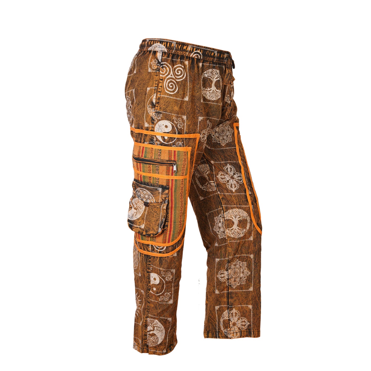 Mens Patchwork Elastic Waist Hippie Trousers Ethnic Motifs Printed Festival Cargo Pants