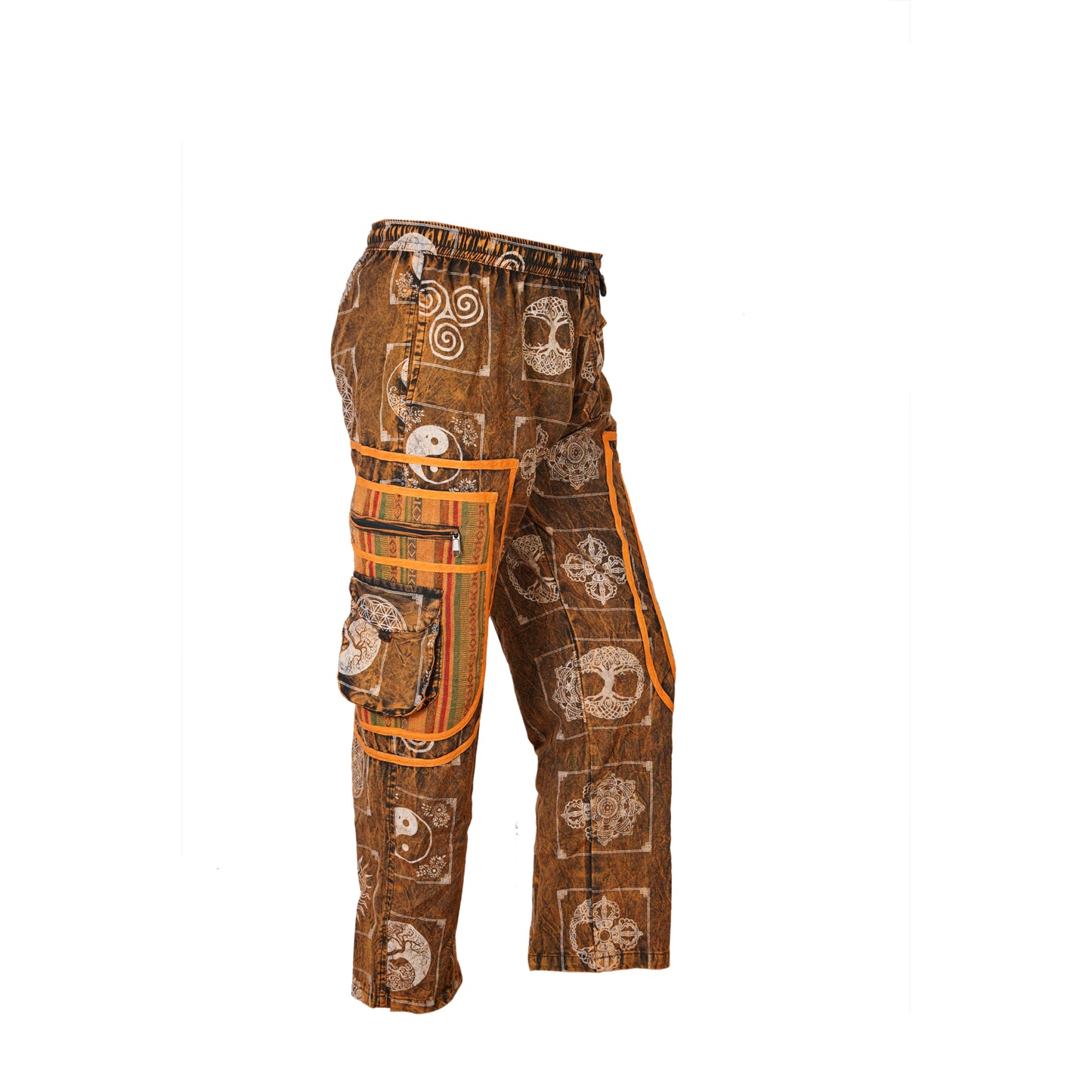 Mens Patchwork Elastic Waist Hippie Trousers Ethnic Motifs Printed Festival Cargo Pants