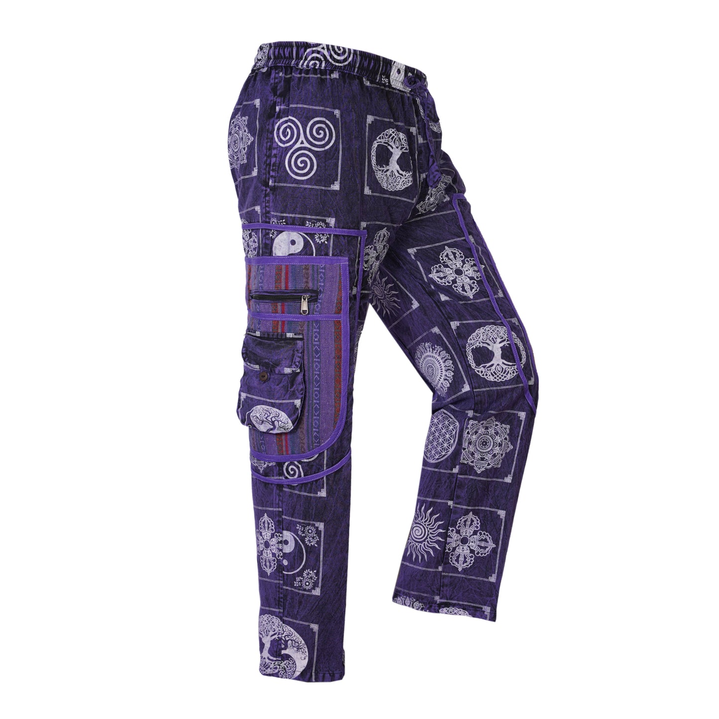 Mens Patchwork Elastic Waist Hippie Trousers Ethnic Motifs Printed Festival Cargo Pants