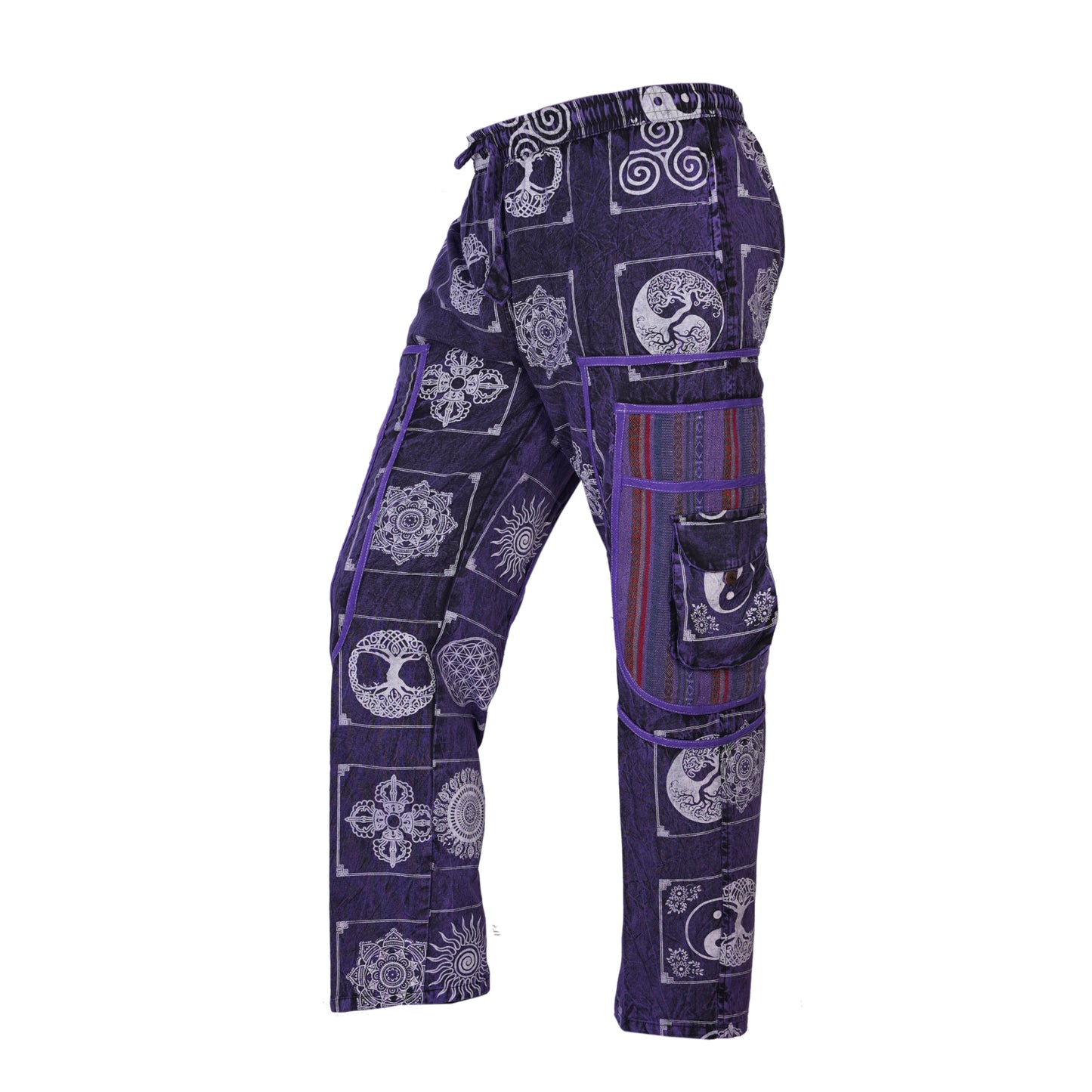 Mens Patchwork Elastic Waist Hippie Trousers Ethnic Motifs Printed Festival Cargo Pants