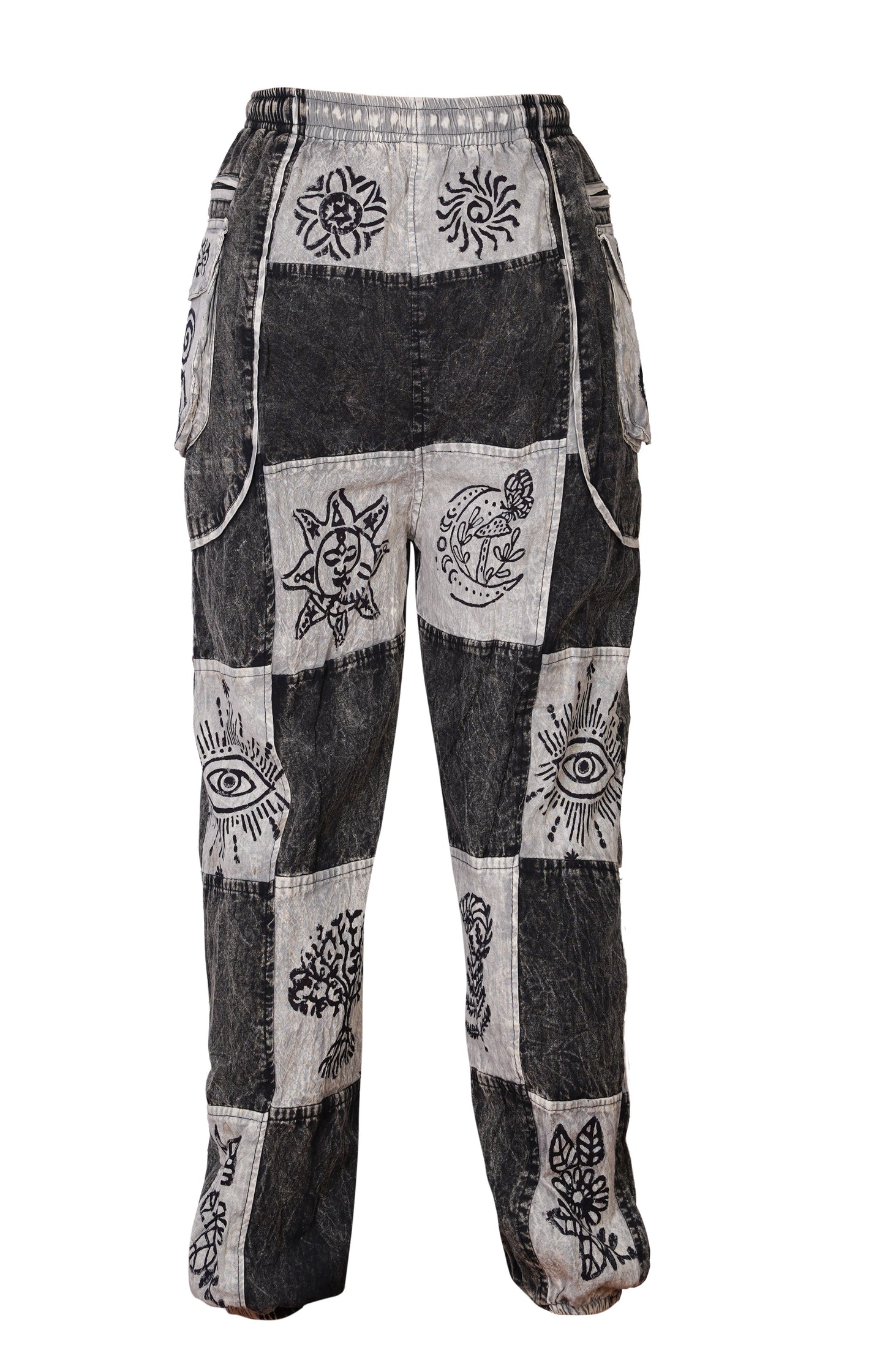 Mens Gothic Patchwork Cargo Trouser Stonewashed Bohemian Cotton Festival Hippy Pants