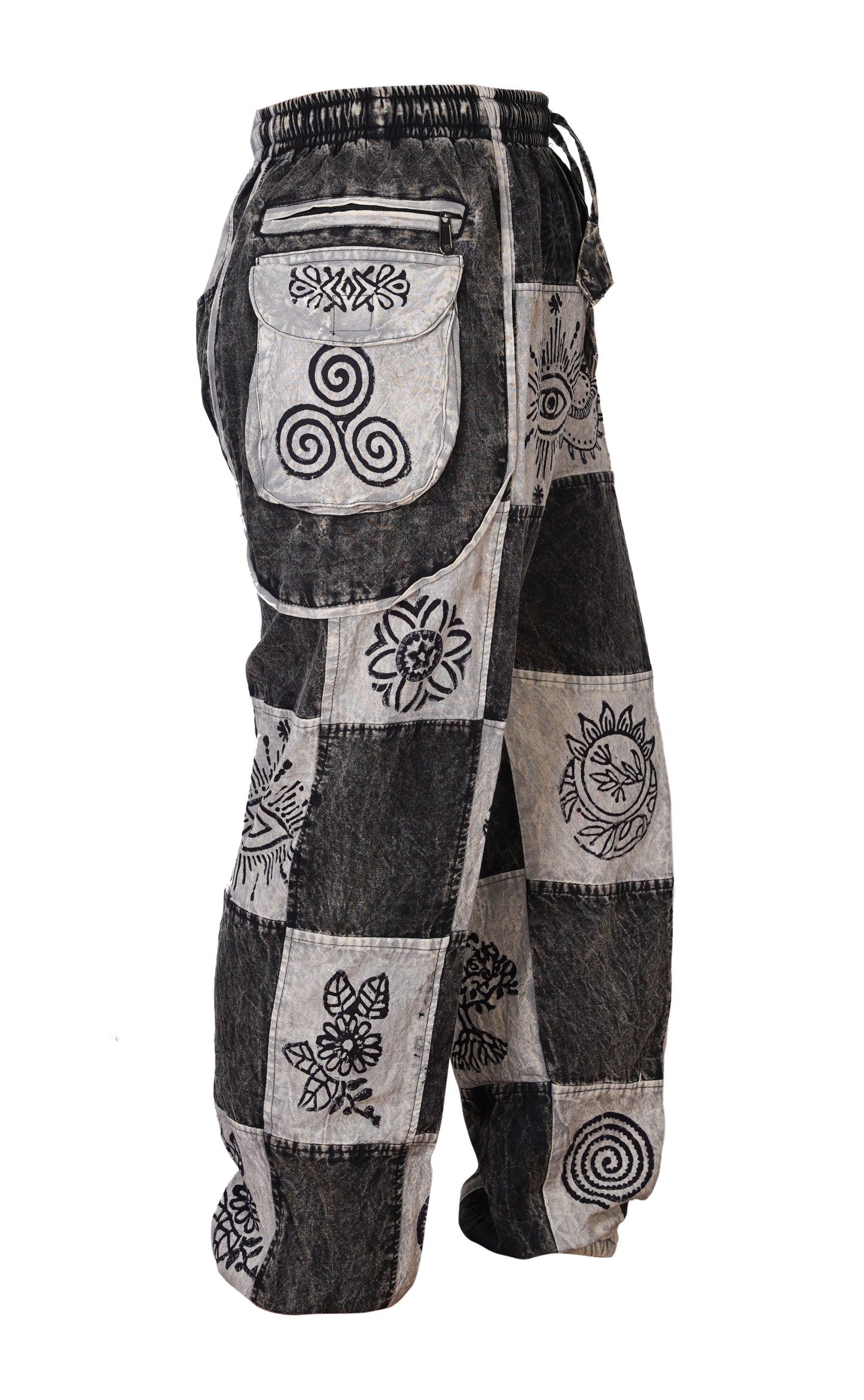 Mens Gothic Patchwork Cargo Trouser Stonewashed Bohemian Cotton Festival Hippy Pants