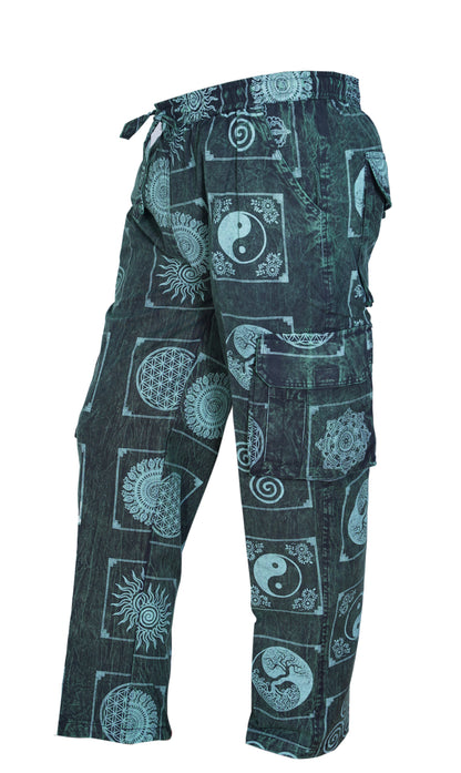 Men's Stone Washed Elastic Waist Boho Spiritual Print Festival Cotton Cargo Trousers
