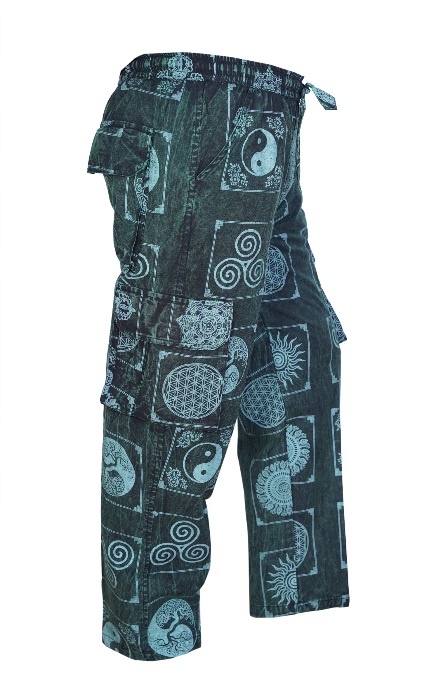 Men's Stone Washed Elastic Waist Boho Spiritual Print Festival Cotton Cargo Trousers