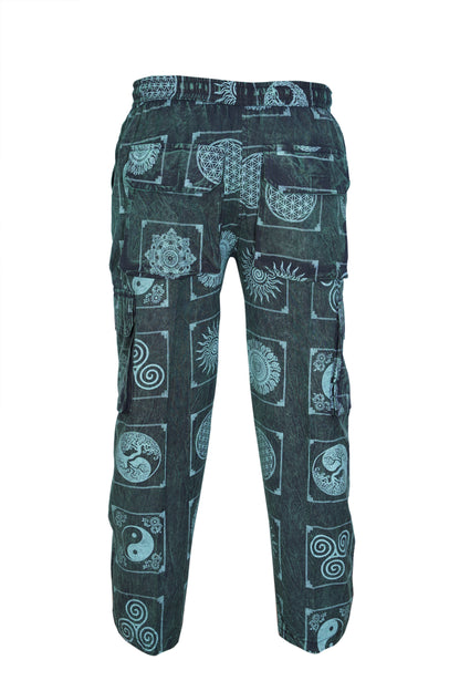 Men's Stone Washed Elastic Waist Boho Spiritual Print Festival Cotton Cargo Trousers