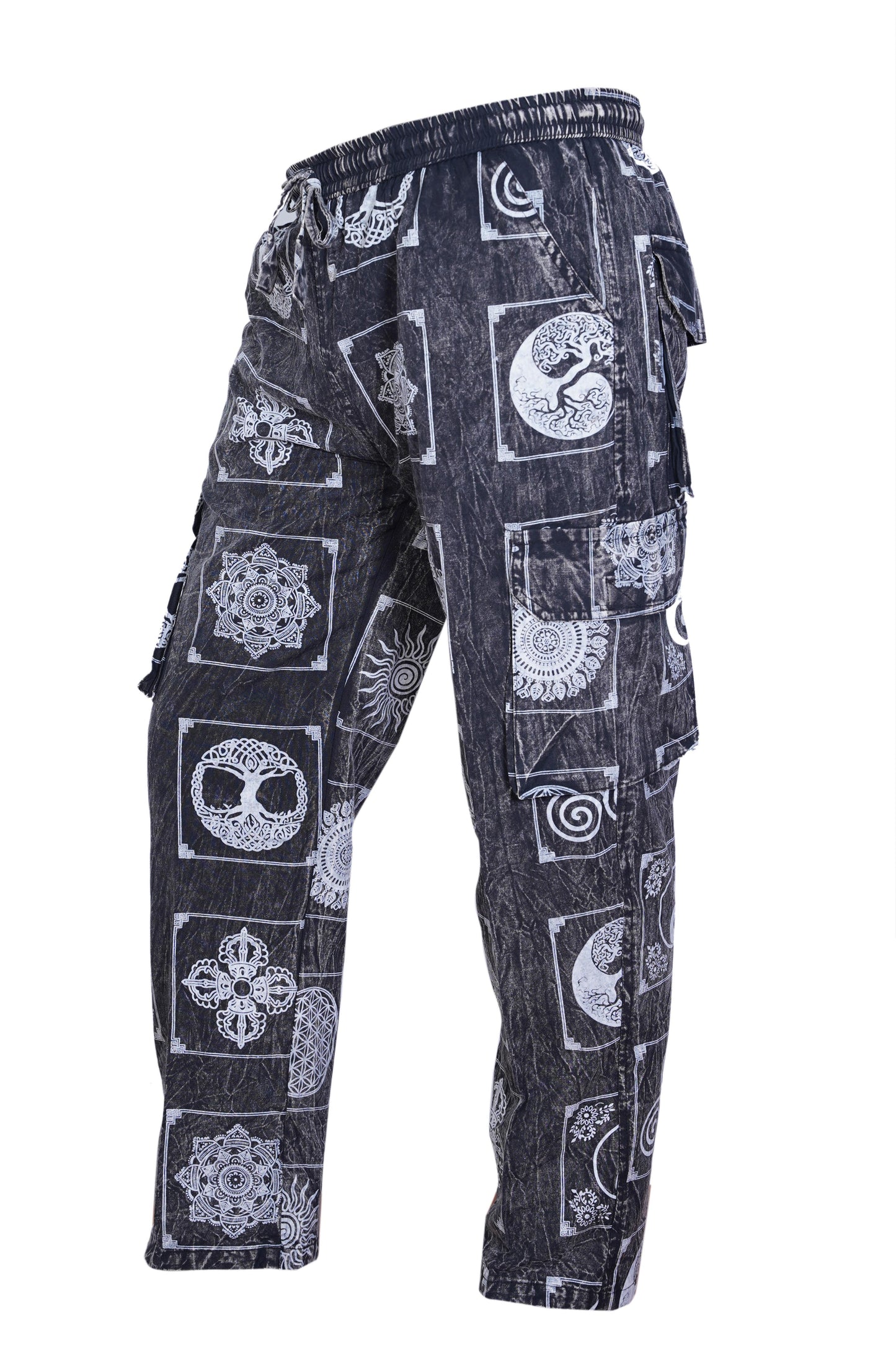 Men's Stone Washed Elastic Waist Boho Spiritual Print Festival Cotton Cargo Trousers