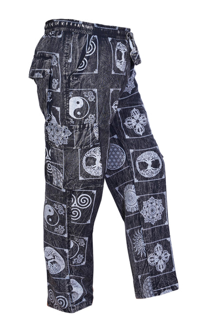 Men's Stone Washed Elastic Waist Boho Spiritual Print Festival Cotton Cargo Trousers