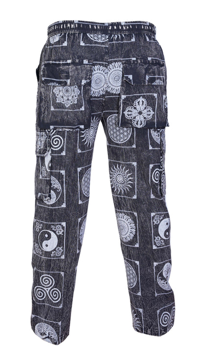 Men's Stone Washed Elastic Waist Boho Spiritual Print Festival Cotton Cargo Trousers
