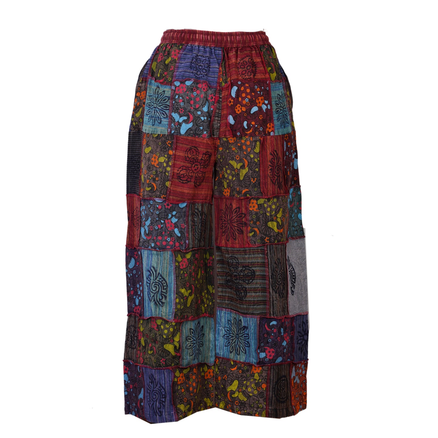 Women's Elastic Waist Boho Floral Patchwork Festival Hippy Cotton Wide Leg Trousers