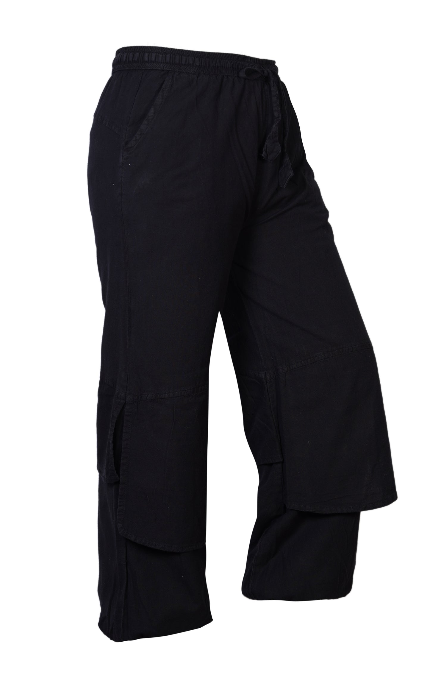 Mens Hippie Elastic Waist Trousers Black Cotton Cargo Flap Design Pants