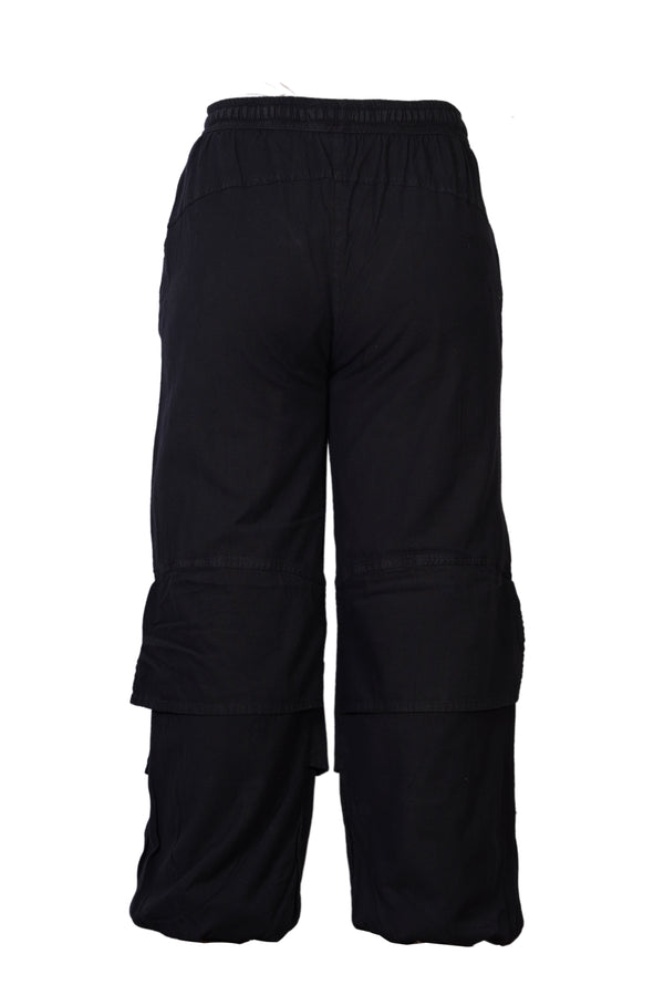 Mens Hippie Elastic Waist Trousers Black Cotton Cargo Flap Design Pants