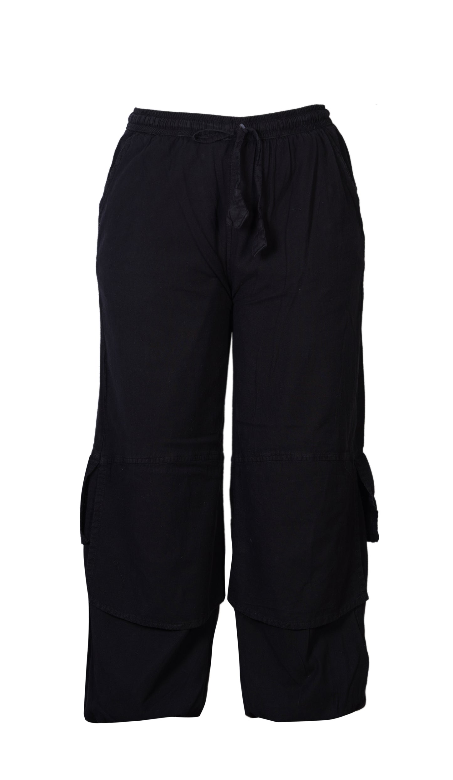 Mens Hippie Elastic Waist Trousers Black Cotton Cargo Flap Design Pants