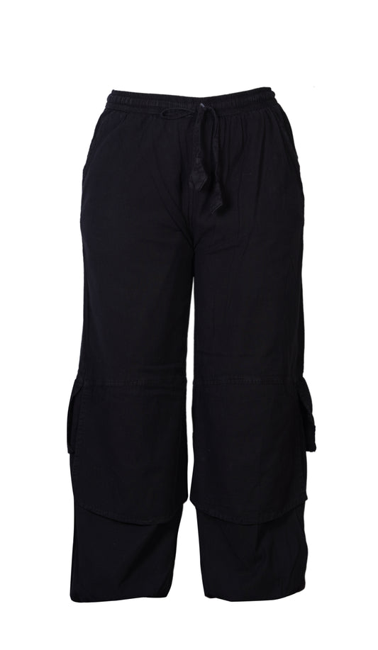 Mens Hippie Elastic Waist Trousers Black Cotton Cargo Flap Design Pants